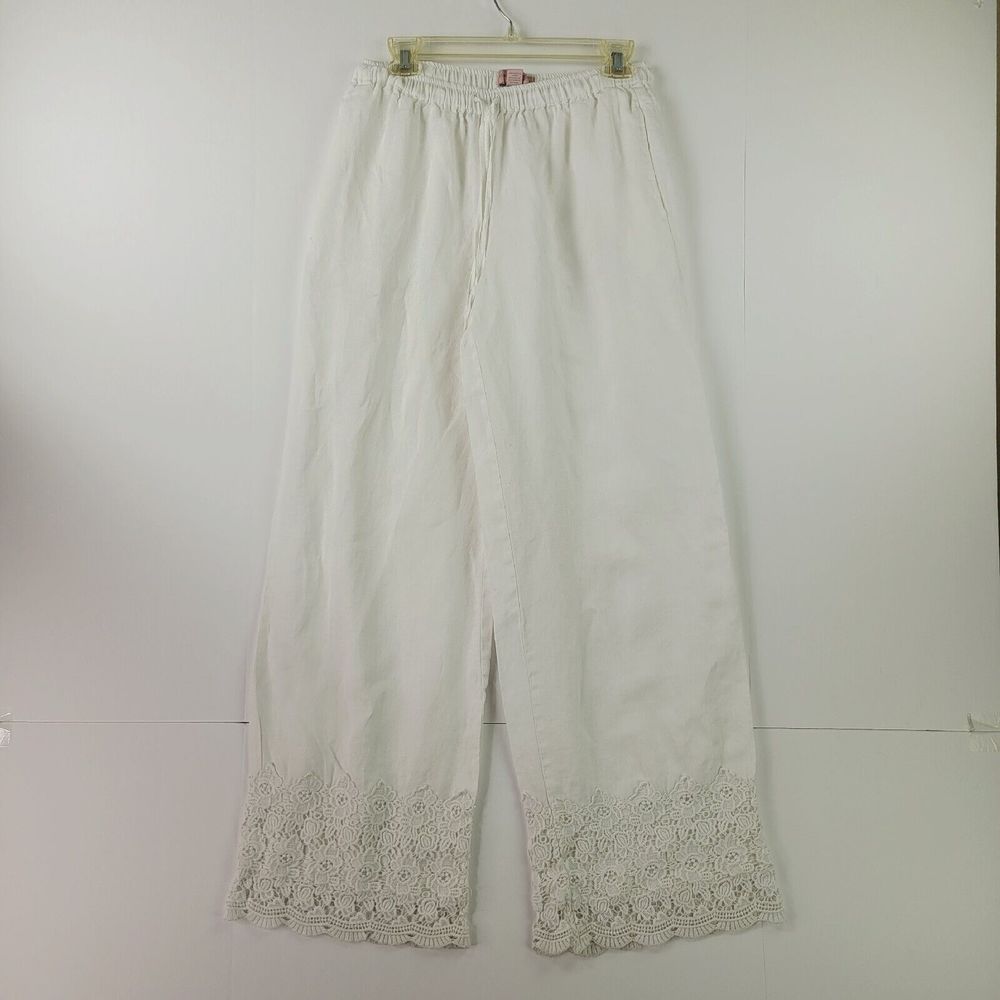 Saint Tropez West Pants Womens M white linen drawstring waist pants lace hem
